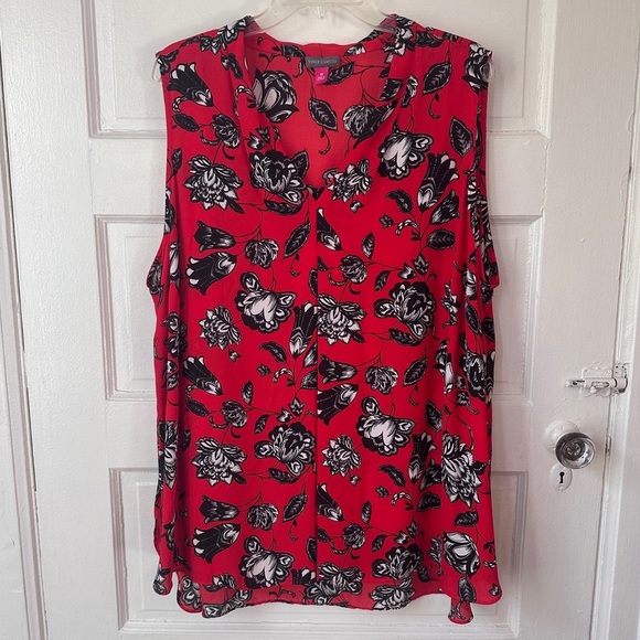 Vince Camuto Red and Black Floral Blouse 3X Sleeveless Chiffon Flowy V-Neck - Picture 11 of 13